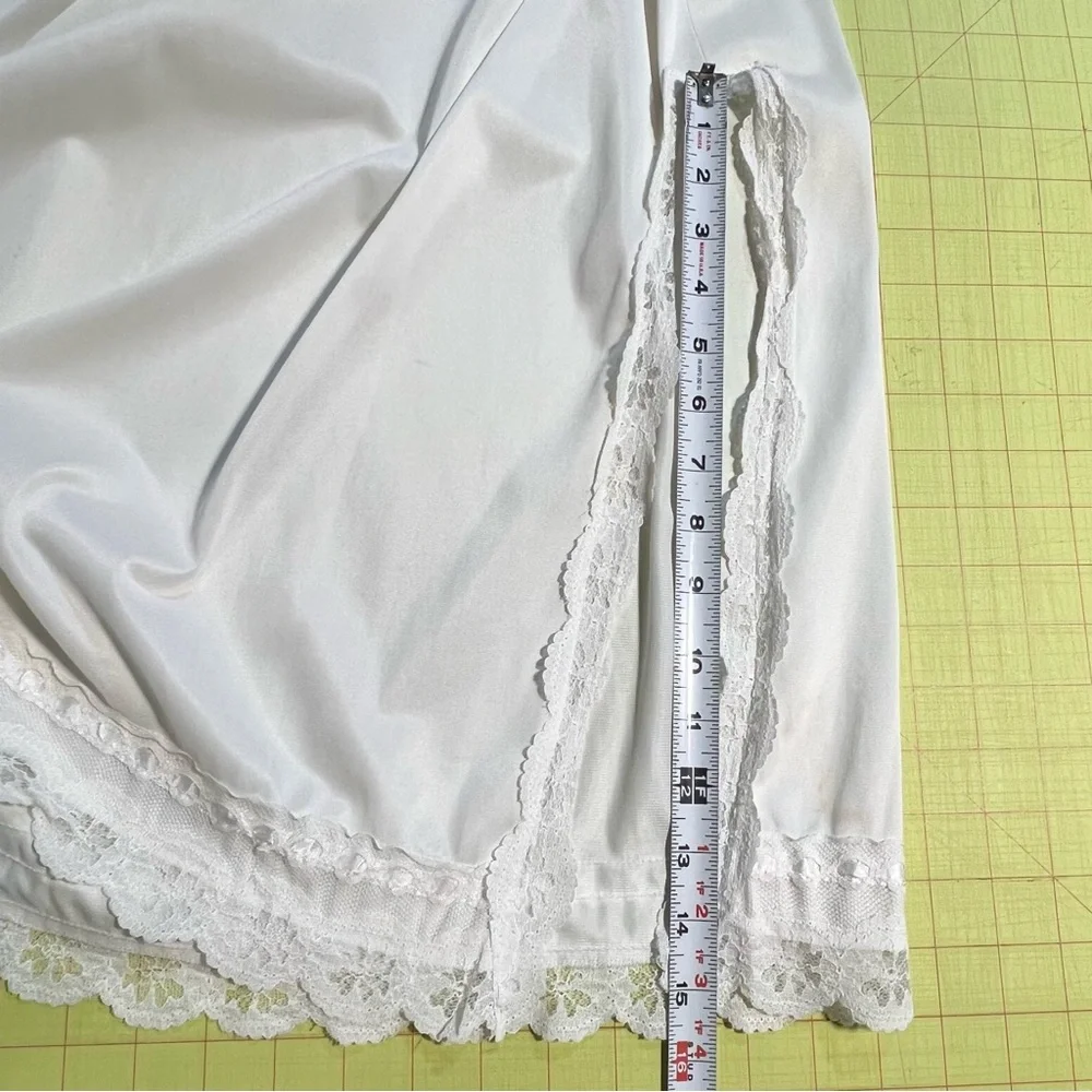 VINTAGE nylon silky dress skirt slip white lace side slit elastic waist maxi 70s - Picture 10 of 12